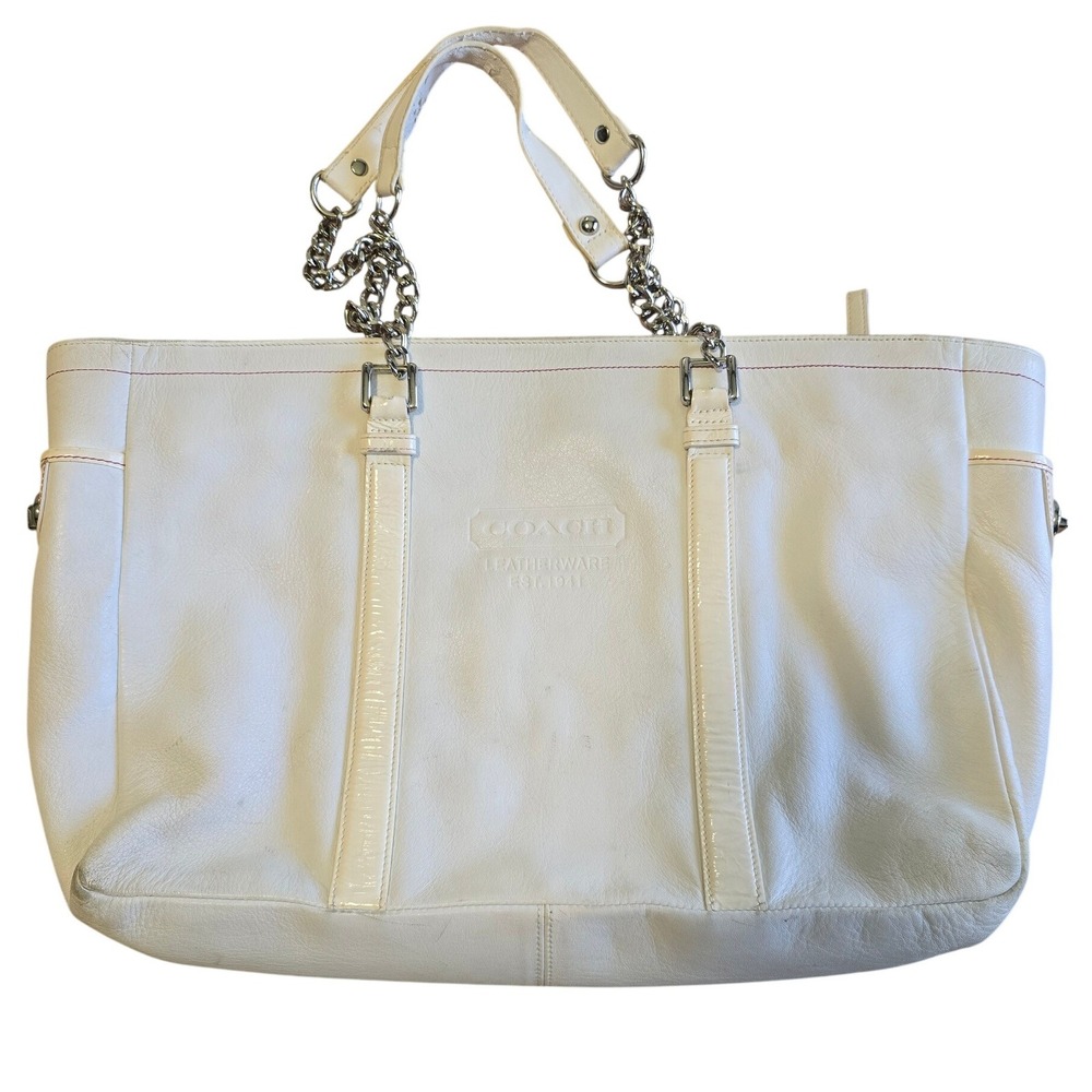 Coach White Leather Hampton Weekend Tote‎ Bag Chain Strap Pink Lining J04Q-9237